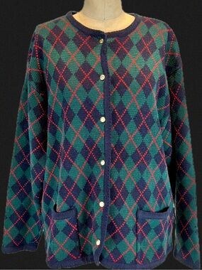 VINTAGE 80s tartan plaid diamond argyle knit sweater cardigan gold button front